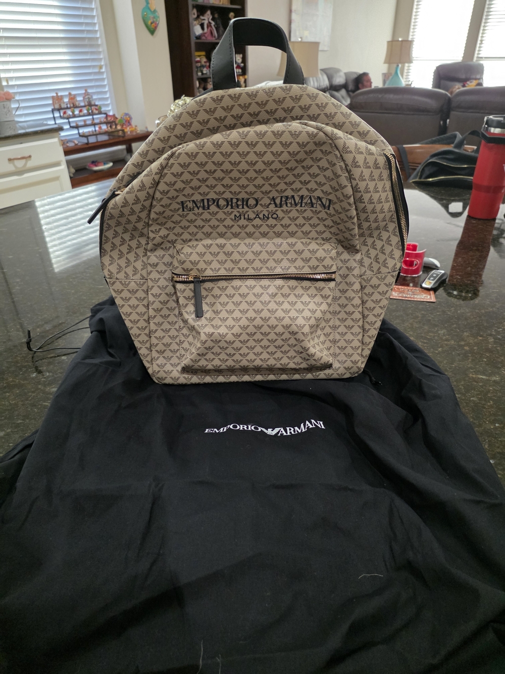 Emporio Armani Beige Logo Pattern Mini Backpack